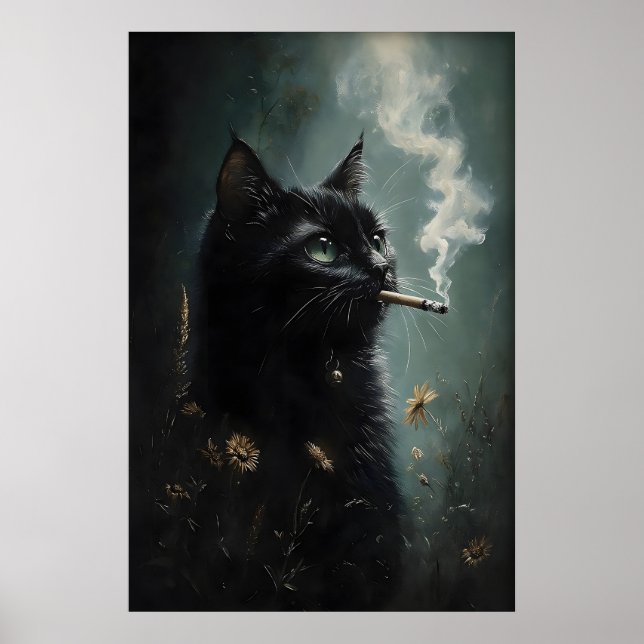 Smoking Black Cat Flower Poster, Dark Academia Poster (Front)