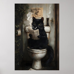 Smoking Black Cat Reading Newspaper On Toilet Poster