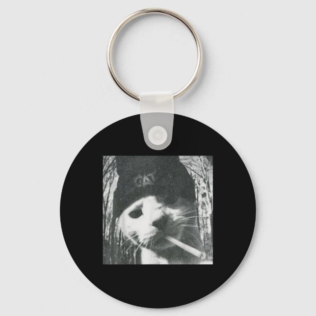 Smoking Cat Beanie Meme Grunge Aesthetic Funny T-s Key Ring (Front)