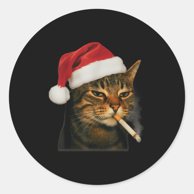 Smoking Cat Cigarette Christmas Santa Hat Cat Meme Classic Round Sticker (Front)