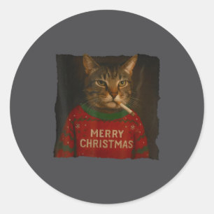 Smoking Cat Cigarette Christmas Santa Hat Cat Meme Classic Round Sticker