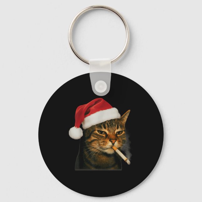 Smoking Cat Cigarette Christmas Santa Hat Cat Meme Key Ring (Front)