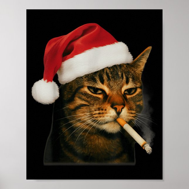 Smoking Cat Cigarette Christmas Santa Hat Cat Meme Poster (Front)
