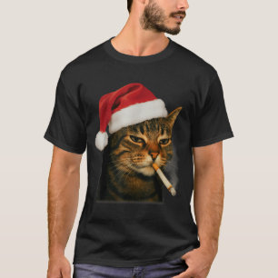 Smoking Cat Cigarette Christmas Santa Hat Cat Meme T-Shirt