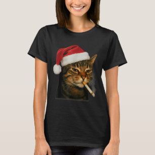 Smoking Cat Cigarette Christmas Santa Hat Cat Meme T-Shirt