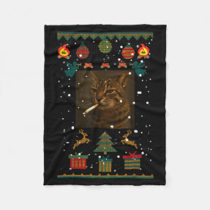 Smoking Cat Cigarette Meme Sarcasm Ugly Christmas Fleece Blanket