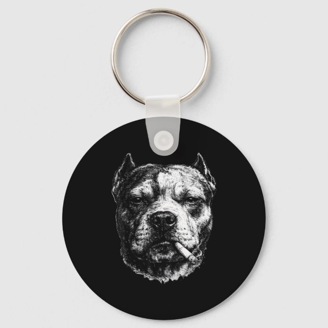 Smoking Pitbull, Funny Cigarette Smoking Dog Meme  Key Ring (Front)