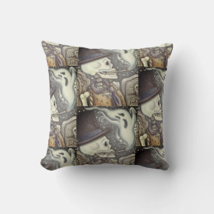 SMOKING SKELETON, CEMETERY GHOST THROW PILLOW