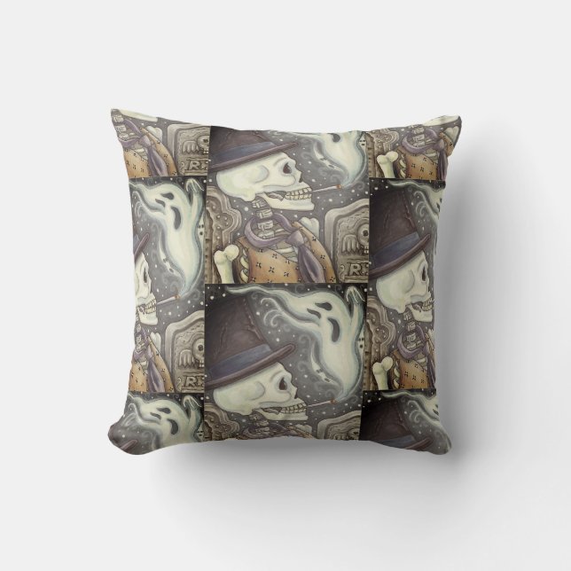 SMOKING SKELETON, CEMETERY GHOST THROW PILLOW (Front)