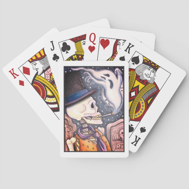 SMOKING SKELETON WITH GHOSTS IN SPOOKY CEMETERY PLAYING CARDS (Back)