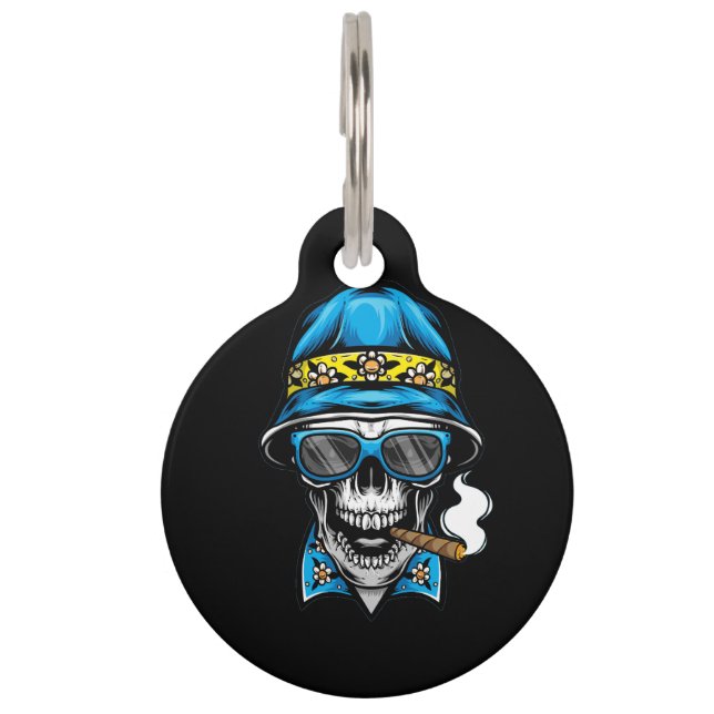 smoking skull wearing bucket hat pet tag (Front)