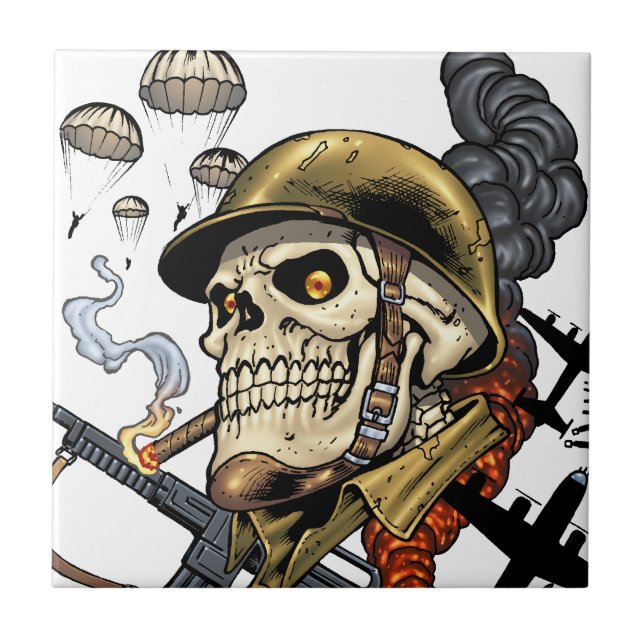 Smoking Skull with Helmet, Aeroplanes and Bombs Tile (Front)