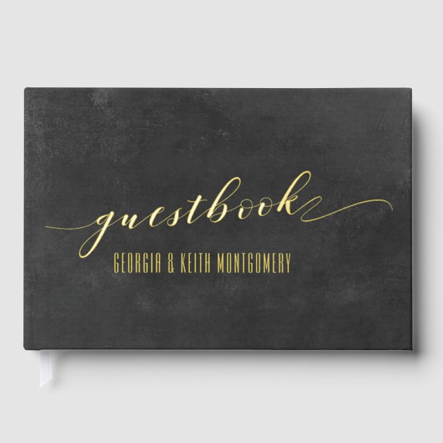 Smoky Black & Gold Elegant Wedding  Guest Book (Front)