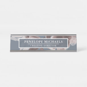 Smoky Blue and Dusty Rose Floral with White Text Desk Name Plate