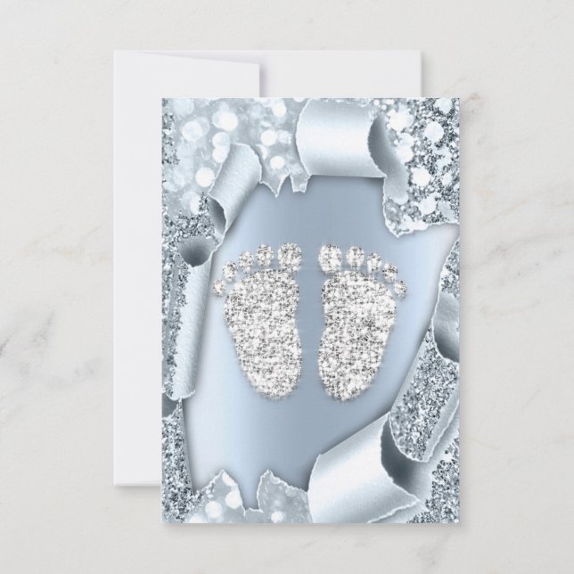 Smoky Blue Baby Shower Feet Boy Girl 3d Glitter Invitation (Back)