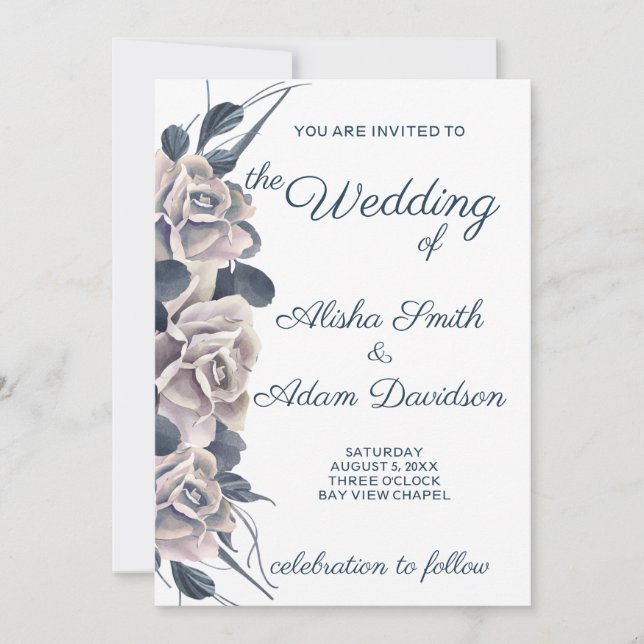 Smoky Blue & Blush Boho Rose Wedding Invitation (Front)