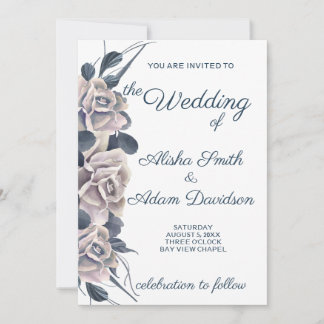 Smoky Blue & Blush Boho Rose Wedding Invitation