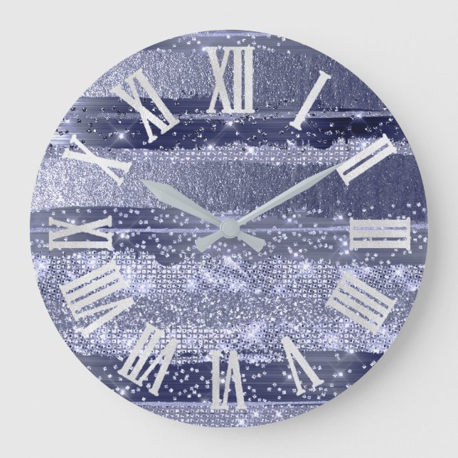 SMOKY BLUE  Girly Glitter Gray Roman Numbers Large Clock (Front)