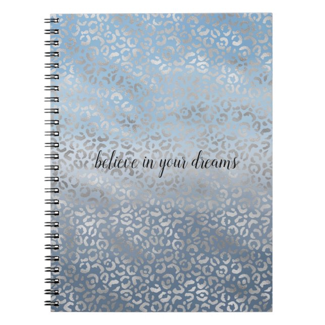 Smoky Blue Ombre Watercolor Silver Leopard Print Notebook (Front)