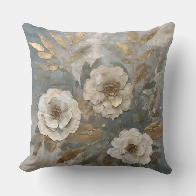 Smoky Blue Sage Gold Rustic Floral Cushion (Front)