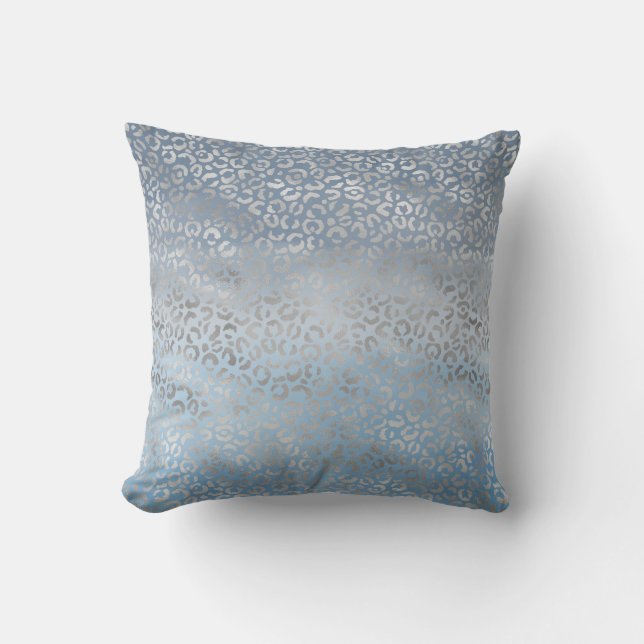 Smoky Blue White Ombre Silver Glam Leopard Print Cushion (Front)