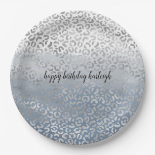 Smoky Blue White Ombre Silver Glam Leopard Print Paper Plate