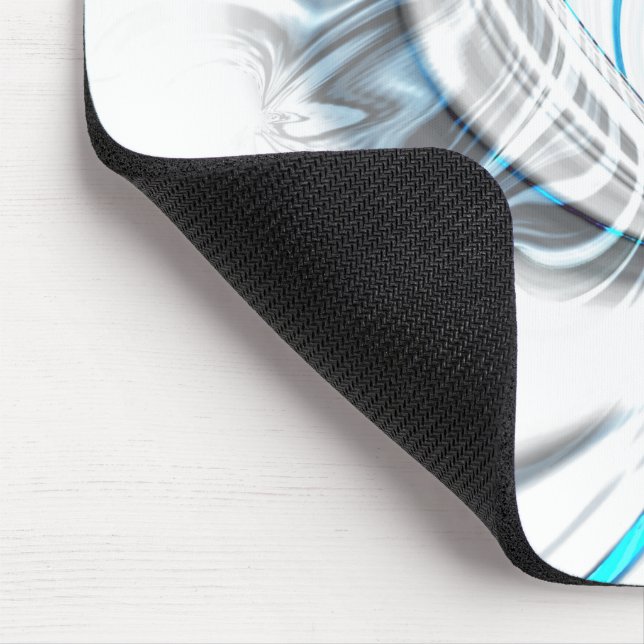 Smoky gray ripples and blue chrome curves on white mouse mat (Corner)