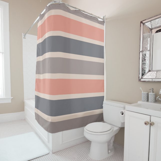 Smoky Grey Beige and Coral Stripes Shower Curtain (In Situ)