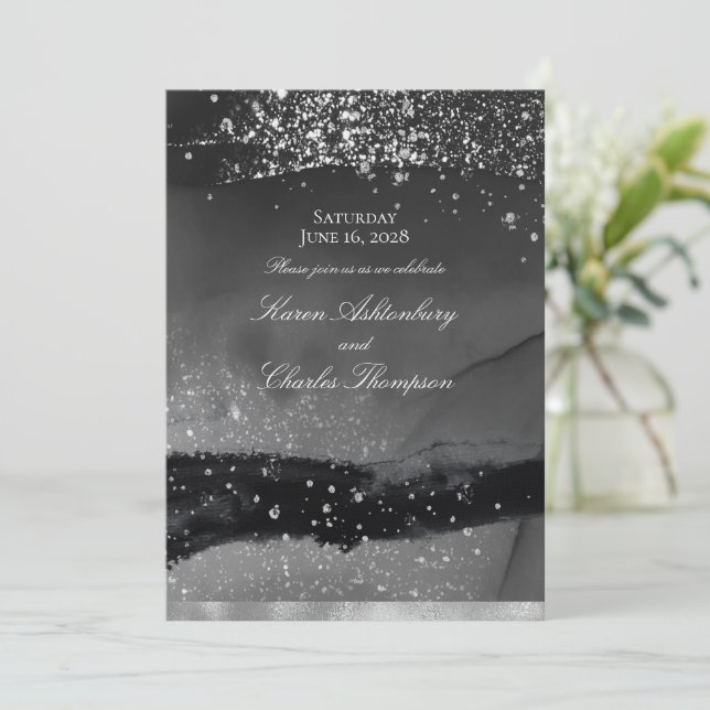 Smoky Grey Black & Sparkling Silver Modern Wedding Invitation (Standing Front)