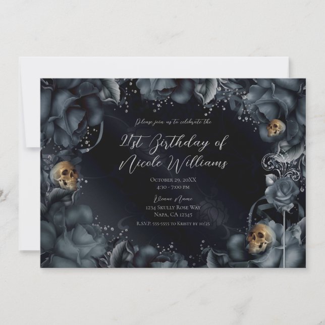 Smoky Grey Blue Roses Skulls Birthday Party  Invitation (Front)