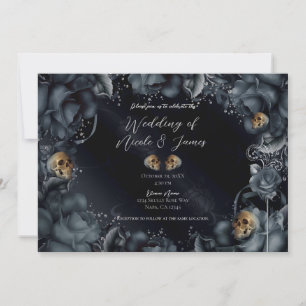 Smoky Grey Blue Roses Skulls Gothic Wedding Invitation