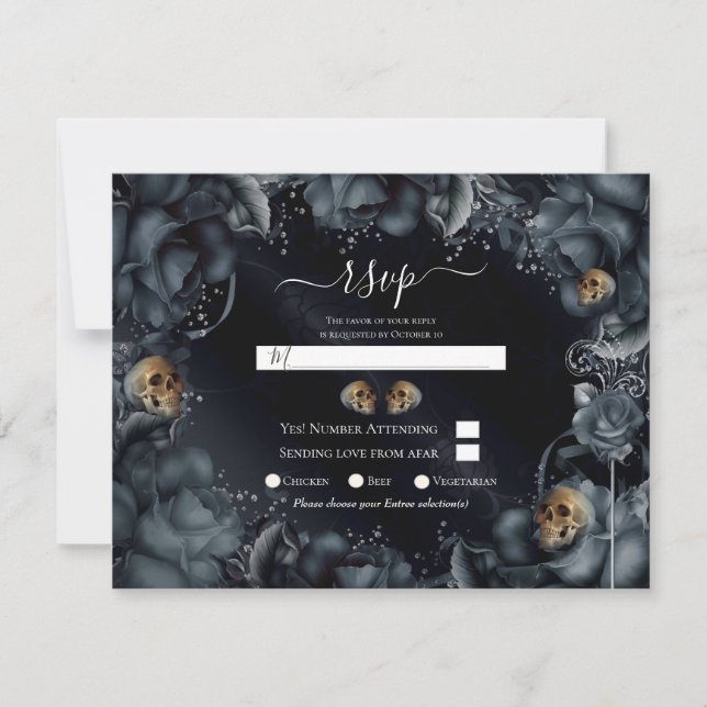 Smoky Grey Blue Roses & Skulls Wedding RSVP Invitation (Front)