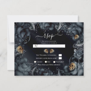 Smoky Grey Blue Roses & Skulls Wedding RSVP Invitation
