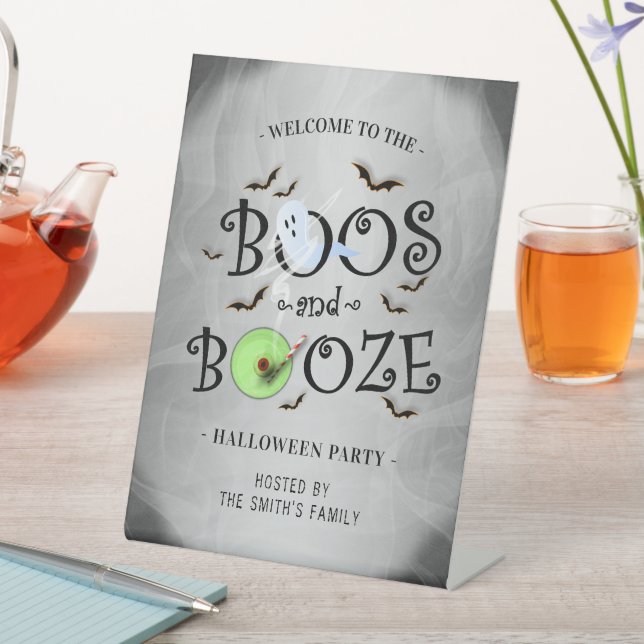 Smoky Grey Boos & Booze Halloween Party Pedestal Sign (In SItu)