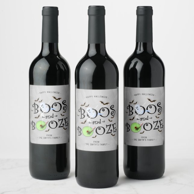 Smoky Grey Boos & Booze Halloween Party Wine Label (Bottles)