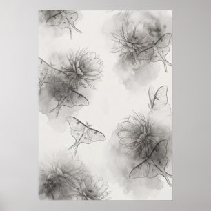 Smoky Grey Luna Moths Lotus Floral Pattern Poster