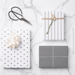 Smoky Grey Polka Dot and Striped and Solid Wrapping Paper Sheet