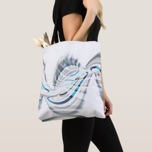 Smoky grey ripples and blue chrome curves on white tote bag