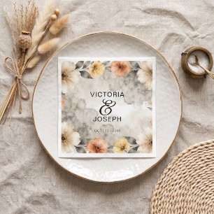 Smoky Grey Watercolor Peach Floral Boho Wedding Napkin