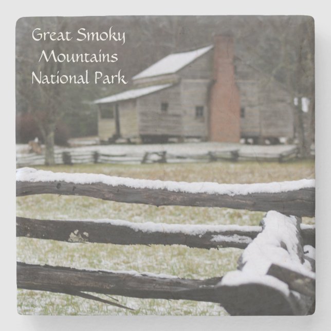 Smoky Mountain Cades Cove Snow Stone Coaster (Front)