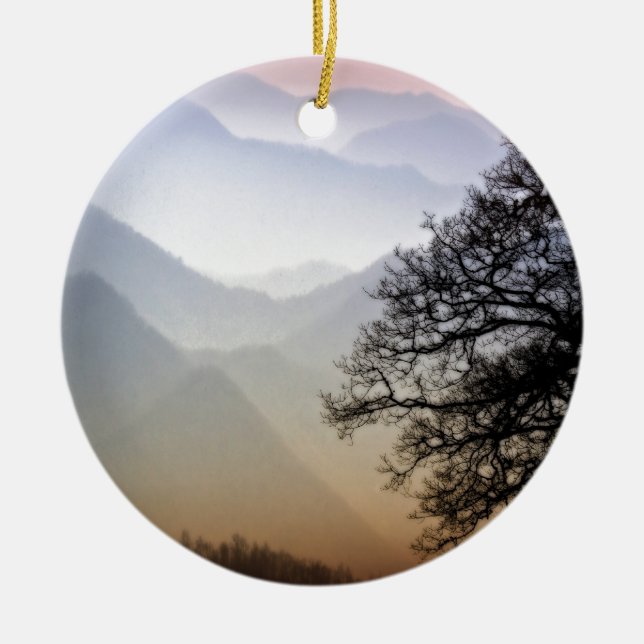 Smoky Mountain Sunset from the Blue Ridge Parkway Ceramic Tree Decoration (Front)