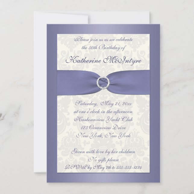 Smoky Purple and Ivory Damask 50th Birthday Invite (Front)