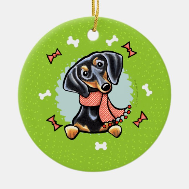 Smooth Black Tan Dachshund Christmas Wreath Ceramic Tree Decoration (Front)