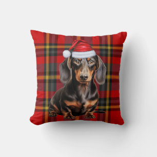 Smooth Dachshund and Holiday Plaid Christmas Dog Cushion