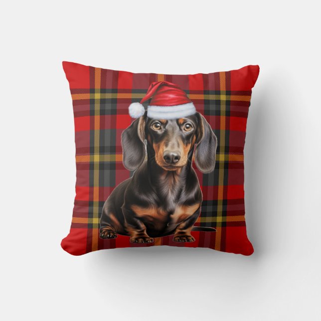 Smooth Dachshund and Holiday Plaid Christmas Dog Cushion (Front)