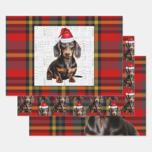 Smooth Dachshund Christmas Dog and Red Plaid Wrapping Paper Sheet