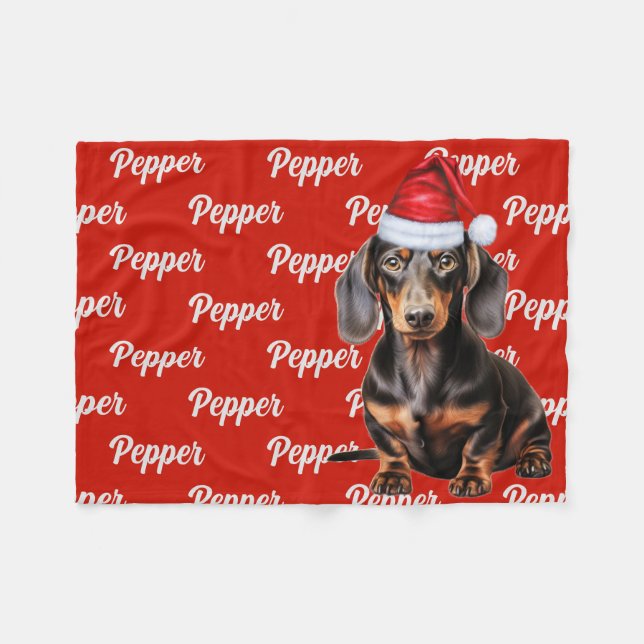 Smooth Dachshund Santa Dog Custom Name Christmas Fleece Blanket (Front (Horizontal))