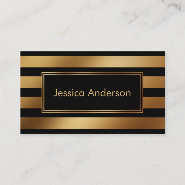 Smooth Faux Gold Foil Metallic and Black Stripes Business Card (Front)