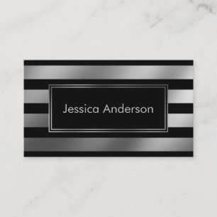 Smooth Faux Silver Foil Metallic and Black Stripes Business Card