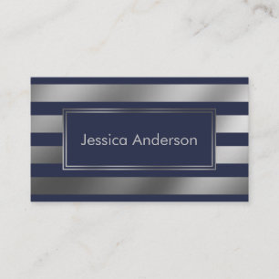 Smooth Faux Silver Foil Metallic and Navy Stripes Business Card